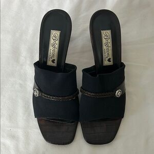 Brighton Women's Black Slide Sandals Size 7 Made in Italy 2” Heels Open Toe Shoe